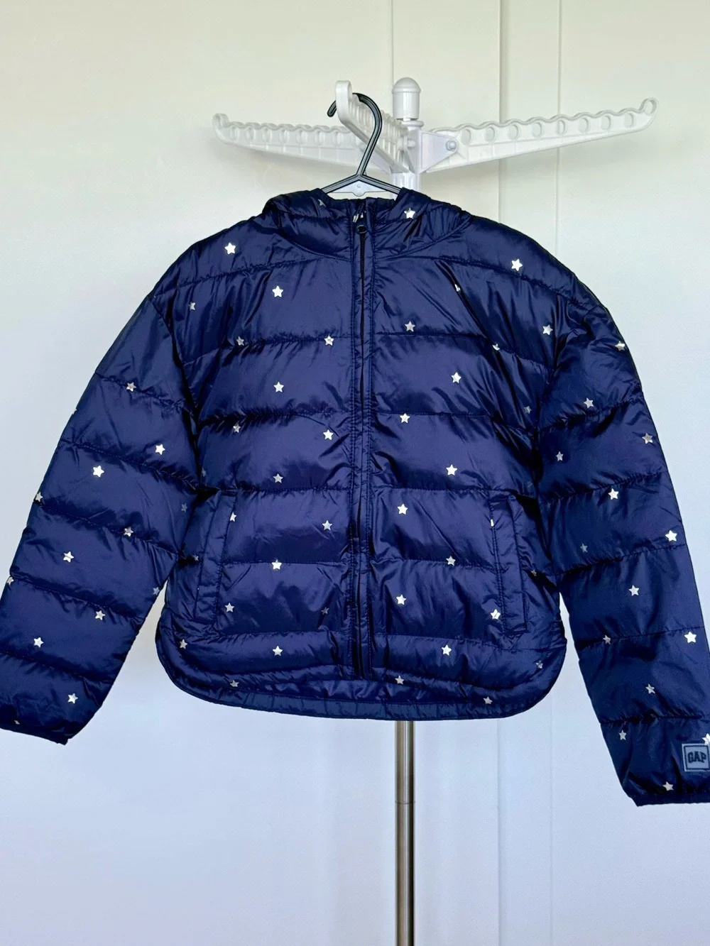 GAP Navy Puffer Jacket with Silver Stars Print and Hood